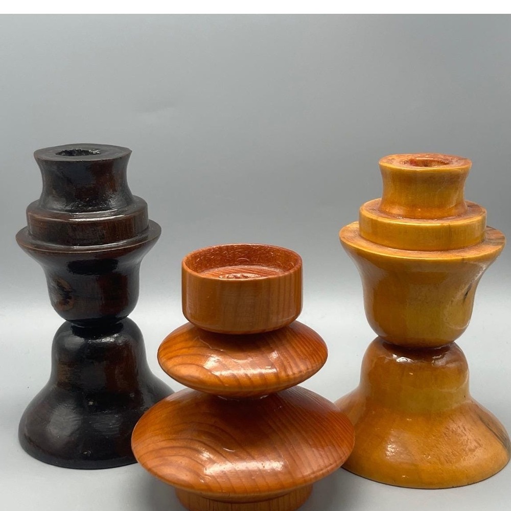 Vintage Mid Century Modern Wood Candlestick Holders set of Three MCM Decor